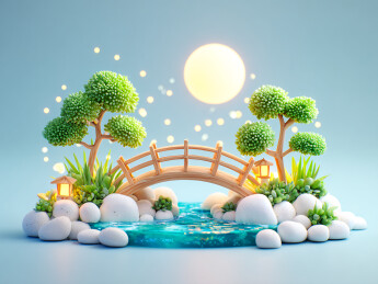 3d卡通圆月小桥流水