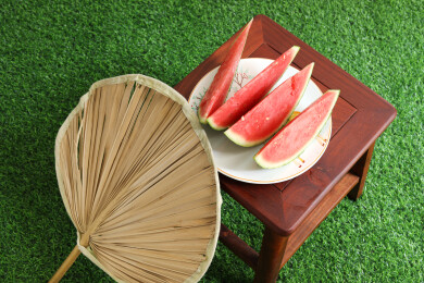 夏天绿色草坪上摆放着的新鲜水果西瓜和蒲扇