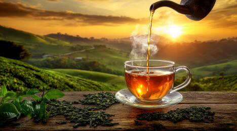 茶壶倾注热茶背景为茶园日落