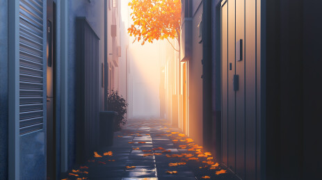 秋晨雾中的小巷