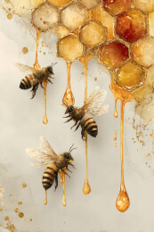 三只蜜蜂在蜂巢上采集蜂蜜的自然景象