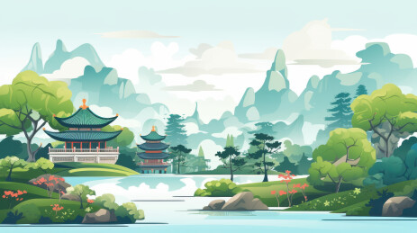 中国风山水画亭台楼阁插画