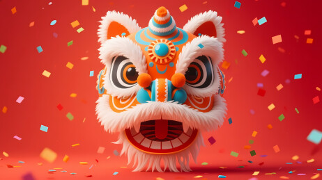 白橙蓝舞狮头配红色背景