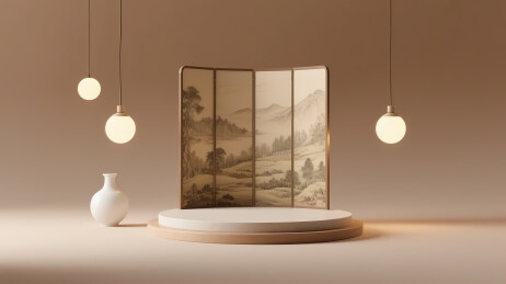 山水屏风米色灯饰花瓶景