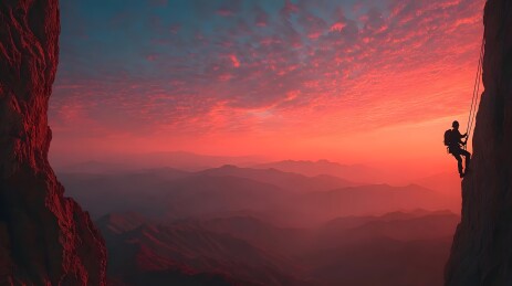 攀岩者日落剪影