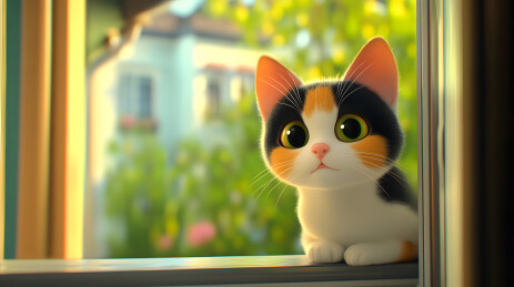 窗边好奇的三花猫