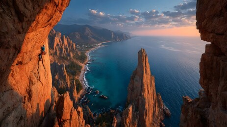 悬崖攀岩日出美景