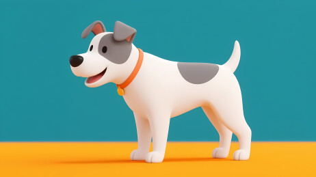 白灰卡通小狗橙项圈蓝黄背景