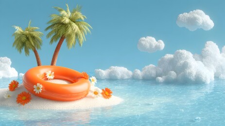 热带小岛与橙色泳圈