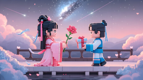 粉紫夜空鹊桥孩童赠花的浪漫场景