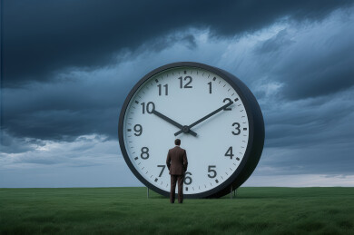 一个商人站草地上面向竖立的巨大钟表