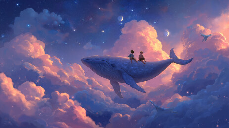 星空云鲸孩童插画装饰设计素材
