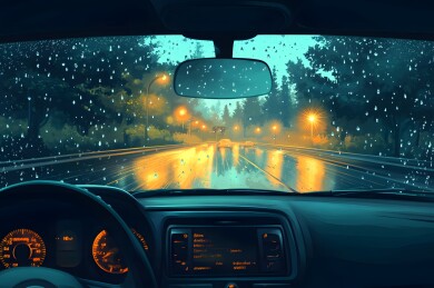 雨后车窗上的闪烁雨滴与车内温馨灯光