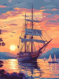 夕阳余晖中的老船与海岸