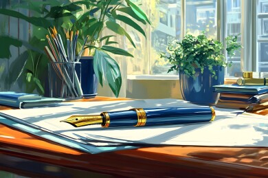 木质书桌上的钢笔与未完成草稿