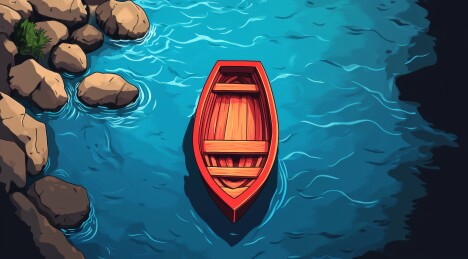 小船漂浮在岩石旁的水面上