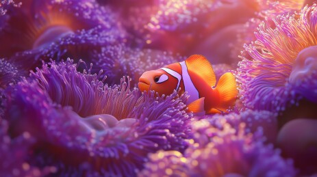 小丑鱼紫色珊瑚丛游动