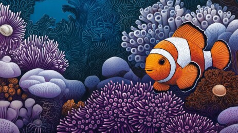 小丑鱼紫色珊瑚丛游动