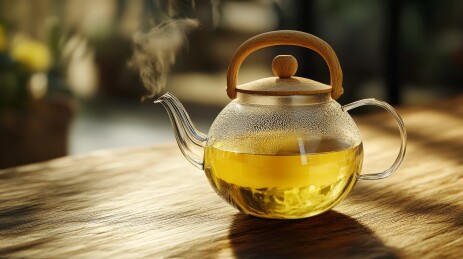 透明茶壶热茶蒸汽特写