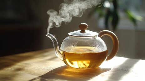 透明茶壶热茶蒸汽特写