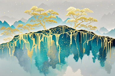 岩彩手绘山水插画