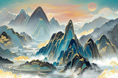 岩彩手绘山水插画