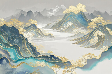 岩彩手绘山水插画