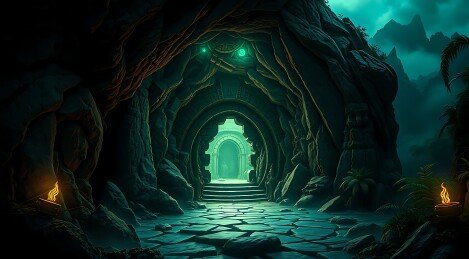 神秘洞穴中的绿色光芒 doorway