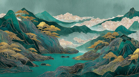国风新中式烫金鎏金山水风光背景