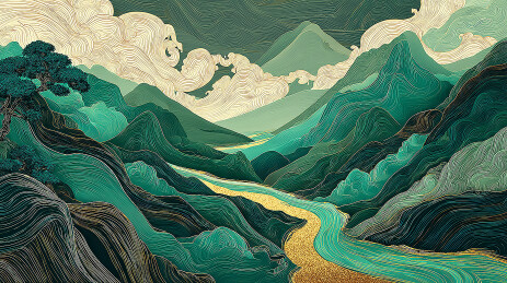 国风新中式烫金鎏金山水风光背景