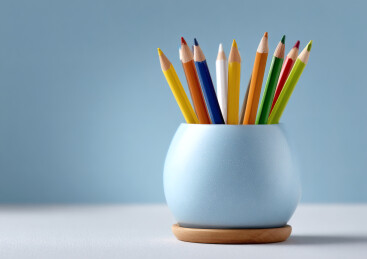 书桌上一个装满铅笔的笔筒