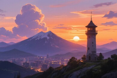 富士山瞭望塔日暮风景插画