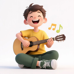 坐着弹吉他的男孩3d插画