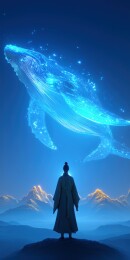 汉服男人眺望空中巨型瑞兽鲸鱼游戏素材