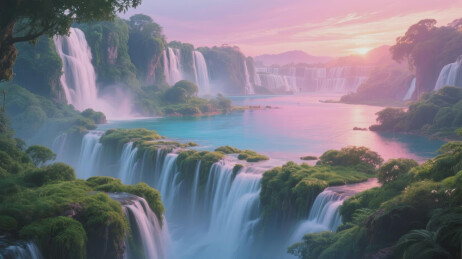 瀑布群落日美景