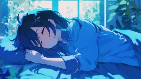 蓝调光影中的沉睡少女