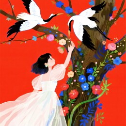 少女与鹤花树互动场景