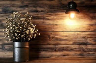 木质墙面上挂着的铁皮罐干花与温暖壁灯
