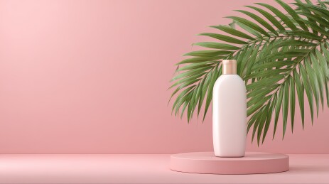 极简主义风格的粉红色背景与绿色棕榈叶