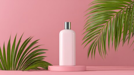 极简主义风格的粉红色背景与绿色棕榈叶