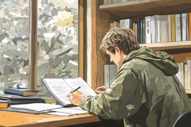 作家书桌前沉思写作的静谧场景