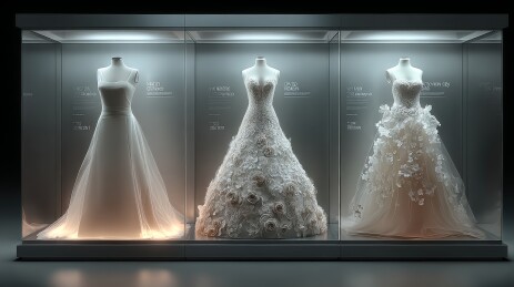 矢量逼真三款复古白色婚纱正面陈列于玻璃展
