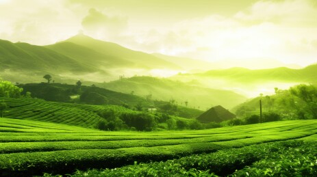 晨雾笼罩的茶园风光