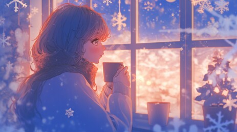 窗边品茗雪夜温馨