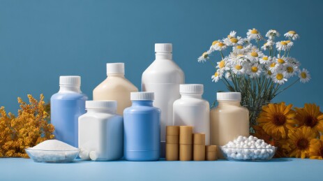 瓶装产品与花卉静物组合