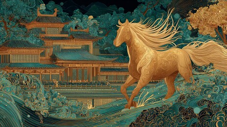 古风金驹奔腾插画