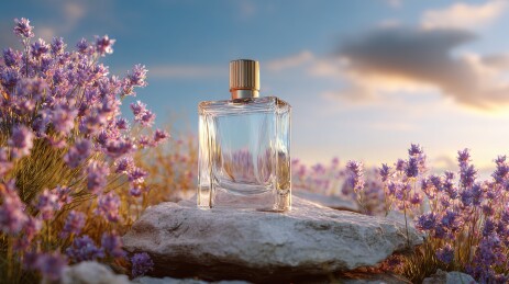 香水瓶置于薰衣草田中夕阳映衬