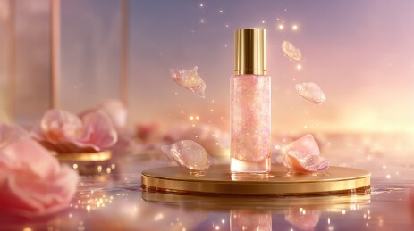 香水瓶与玫瑰花瓣的梦幻场景