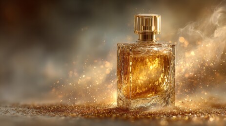 金色光芒中的香水瓶