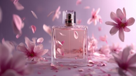 香水瓶与飘落花瓣的静谧场景